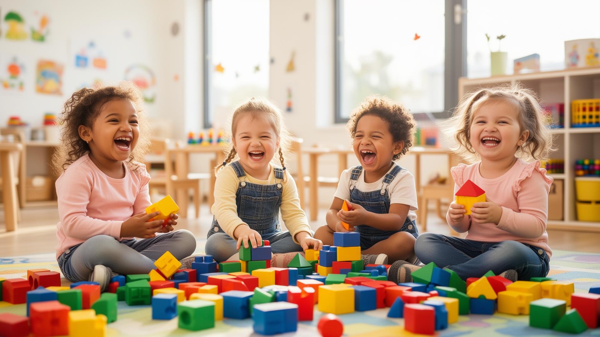Happy preschool children playing with colorful blocks